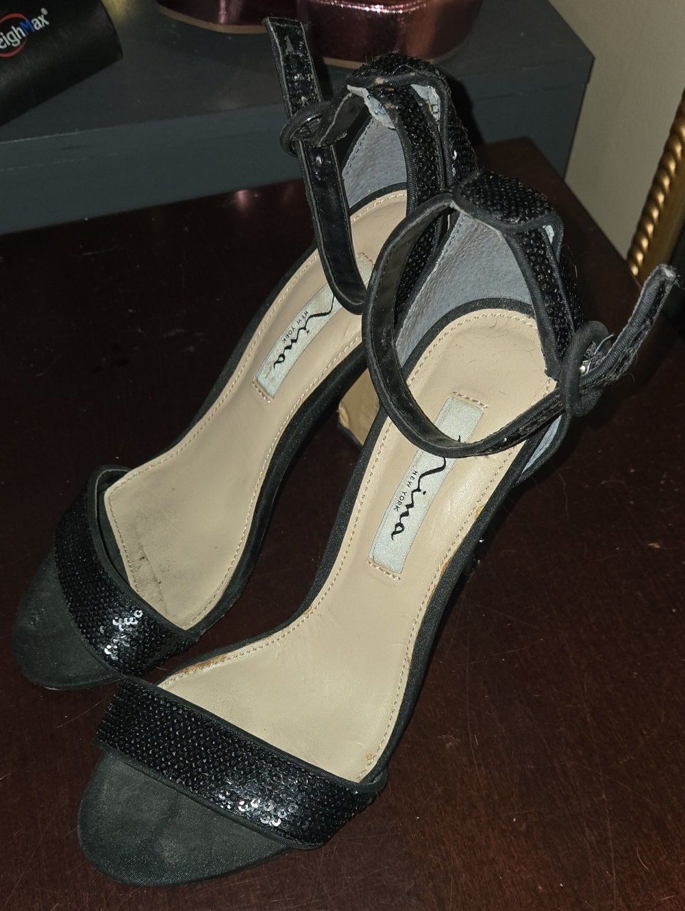 Nina Black Sequin Ankle-Strap Heels